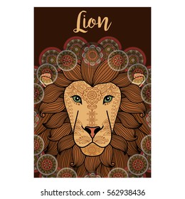 Lion Animal, ornamental card design with round ornament and brown background. Vector illustration