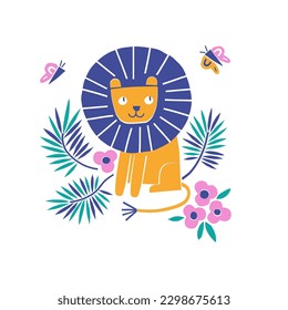 Lion animal paper shape cutouts style vector illustration. Scandinavian childish wild tropical safari summer pre-made print design.