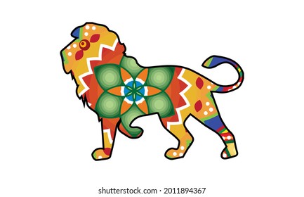 León. Patrones animales con ondas de doodle dibujadas a mano y líneas. Ilustración vectorial en colores brillantes.