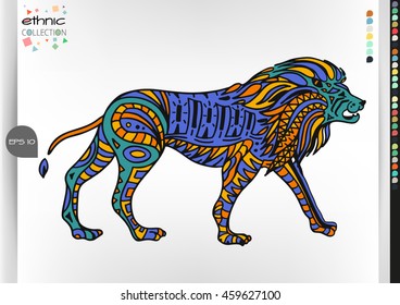 Lion. Animal patterns with hand-drawn doodle waves and lines. Vector illustration in bright colors.