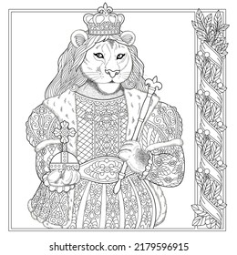 Lion animal portrait. Fairytale design, coloring book page for adults and kids