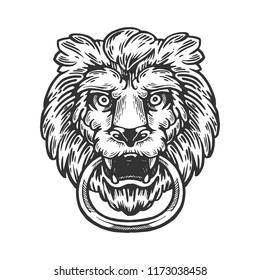 Lion animal ring door handle knob engraving vector illustration. Scratch board style imitation. Black and white hand drawn image.