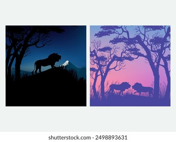 Lion animal safari walk trough the savanah, jungle silhouette on landscape vector illustration background. Wildlife and nature collection.