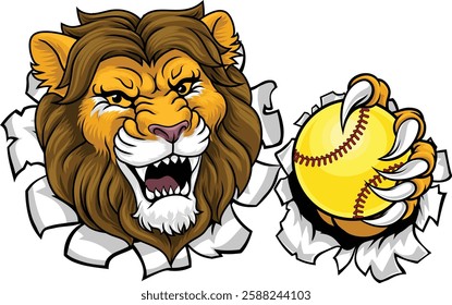 A lion animal softball sports team cartoon mascot