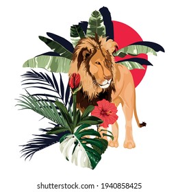 Lion animal surrounded by tropical plants leaves, red sun and flowers composition,  color illustration on white background.