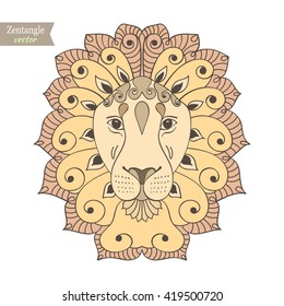 Lion animal zentangle stylized. Vector illustration drawn by hand in pencil. Zen art.