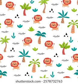 Lion animals seamless pattern for kids. Hand drawn wild big cats in jungle with palm trees. African animals. Repeat fabric print. Cartoon ornament for baby textiles, infant clothes, nursery wallpaper.