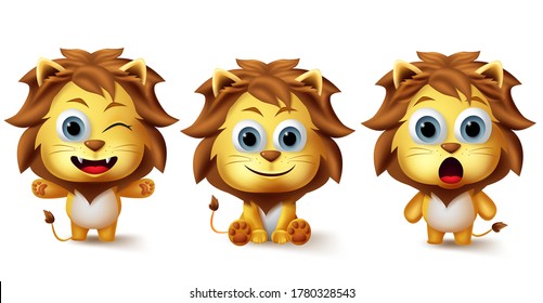 Lion animals vector character set. Little lions animal kids characters in different facial expression like cute, happy and surprise for wildlife avatar design elements collection. Vector illustration.