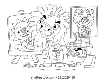 The lion artist painting a picture.Stock vector hand drawn images for greeting card,postcard,poster,advertising,pattern,decoration,animals cartoon colorimg,preschool coloring,children books illust.