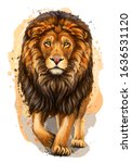 Lion. Artistic, color, realistic portrait of a lion walking forward on a white background with watercolor splashes.