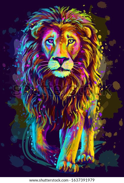 Lion. Artistic, neon color, abstract portrait of\
a lion walking forward on a dark blue background with watercolor\
splashes in the style of pop\
art.