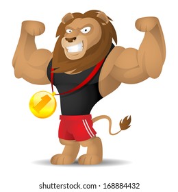 Lion athlete shows muscles