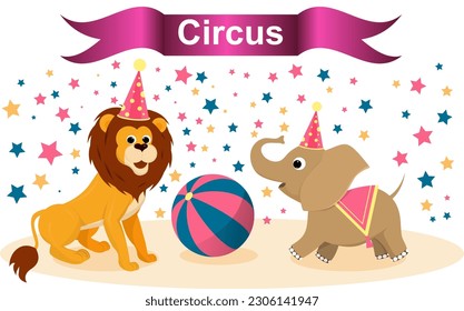 Lion and baby elephant in the circus.Vector illustration EPS 10.