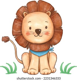 Lion baby illustration cute digital painting vector png