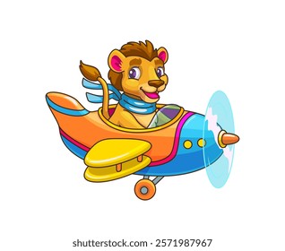 Lion baby on plane, cartoon animal pilot character, vector funny personage for kids. Cute lion with happy face flying in colorful airplane with propeller, kids zoo animal on plane for funny mascot