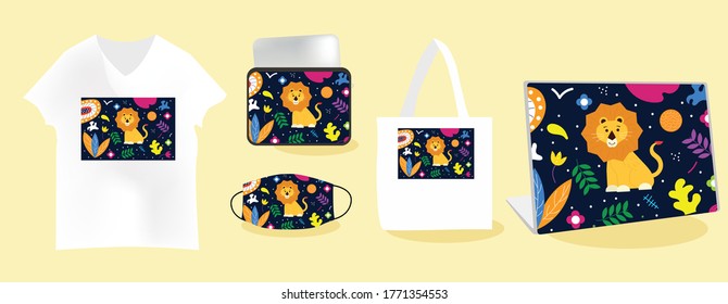 Lion background with Mockup templates vector illustration. tote bag, pouch, t-shirt, mask, skin laptop