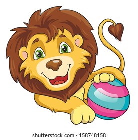 Lion with a ball on a white background, vector illustration