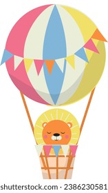 A lion in a balloon basket with festive flags