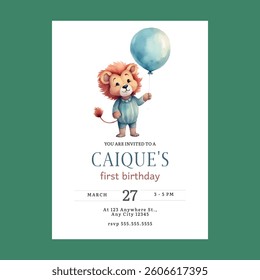 Lion Balloon First Birthday Invitation
