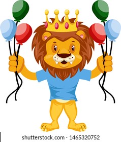 Lion with balloons, illustration, vector on white background.