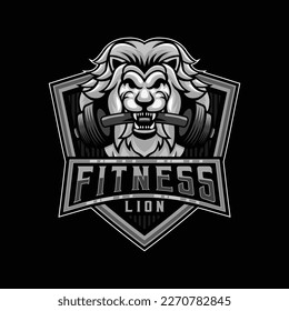 Logo del Gimnasio Lion Barbell. Cabeza de león mientras mordía la pesada barberal Maqueta de diseño de mascota Vector Emblem Vector ilustración