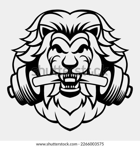 Lion Barbell Gym Logo Vector Black And White Mascot Design Template Emblem Vector illustration