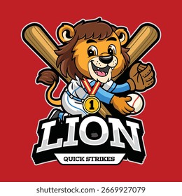 Leão em um uniforme de beisebol correndo alegremente com uma luva na ilustração de desenho animado
