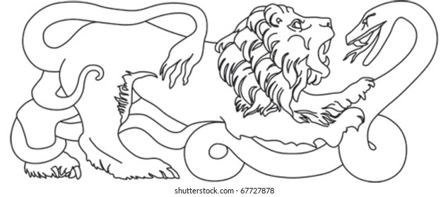 Lion battling a coiled snake isolated illustration