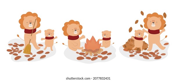 Lion and bear with autumn elements on white background, vector illustration