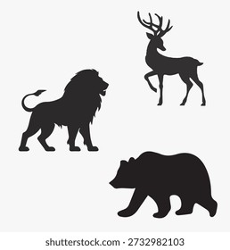Logotipo de leão, urso e veado em estilo de silhueta minimalista preto. Poderoso emblema animal representando força, coragem, liderança, estabilidade e natureza. Logotipo vetorial plano limpo adequado para marca, identidade comercial, equipes esportivas, marcas ao ar livre, projetos de vida selvagem e logotipos de luxo. Isolado em fundo branco.