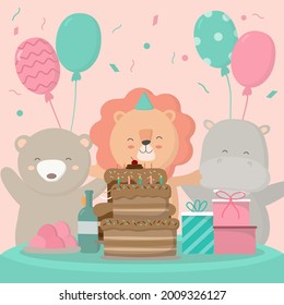 Lion, bear and hippo has birthday party at home. Birthday party decoration with balloon and shoot colorful confetti. Party has food, drink and cake