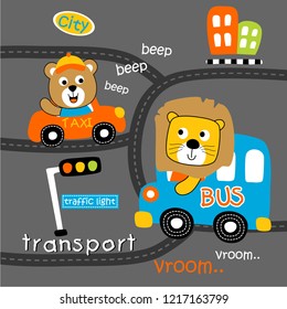 lion and bear on the car funny animal cartoon,vector illustration