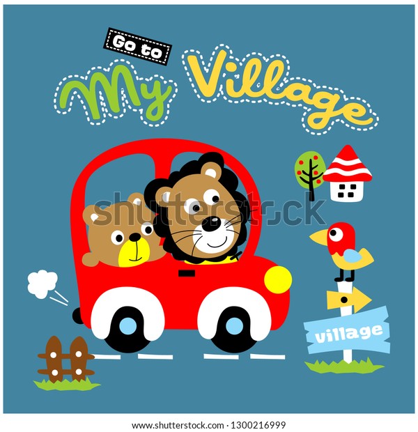 lion and bear on a car funny animal\
cartoon,vector\
illustration