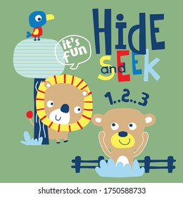lion and bear playing together funny animal cartoon,vector illustration