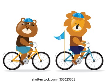 Lion and bear riding bikes 