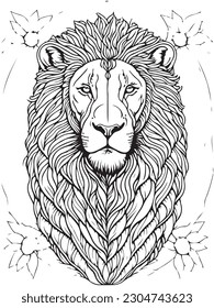 Lion with beauty, mandala coloring page for adults, inside, full face portrait, contour, fine thin lines, sticker, ultra high details, white background, black lines illustration.