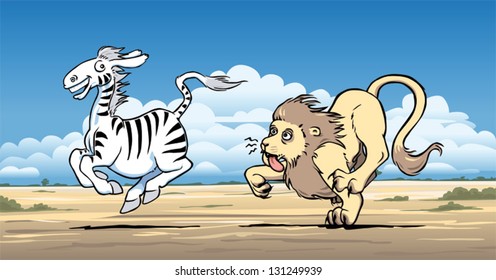 Lion being outrun by a zebra