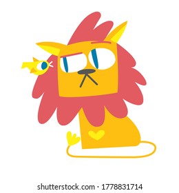 Lion and bird. Vector children's doodle illustration for card, book, brochure, banner. Animal, wildlife, nature, zoo, bird, character, emotion, cat, king, pet