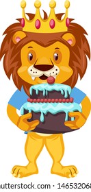Lion with birthday cake, illustration, vector on white background.