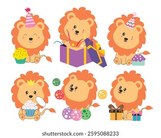 Lion birthday character clipart flat icon set. Cute orange lion drawing clip art with colorful party elements like hat, cupcake, balloons and gift box graphic design wildlife mammal vector