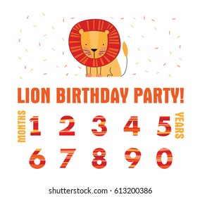 Lion birthday party invitation with the set of the numbers