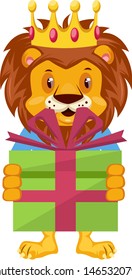 León con regalo de cumpleaños, ilustración, vector sobre fondo blanco.