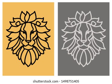 Lion. Black flat simple icon line art style. A stylized image of the head of a lion. Barcode vector logo mono linear pictograms web graphics.
