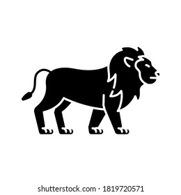 Lion black glyph icon. Exotic carnivore animal, dangerous predator. Tropical zoo inhabitant. African safari, savanna silhouette symbol on white space. Wild cat with mane vector isolated illustration