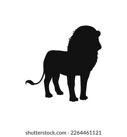 Lion black shape silhouette vector illustration isolated on white background. Standing side view african lion outline image for emblems and logo design.