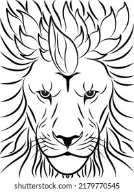 Lion black and white silhouette. Portrait of a lion. Sketch. Linear illustration. Design for tattoo, sticker, logo. Vector illustration