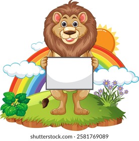 Lion with blank sign on grassy hill