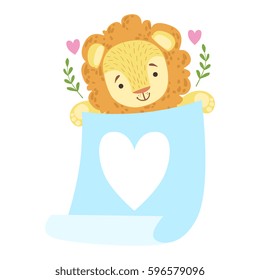 Lion With Blue Parchment Vector Sticker, Template St. Valentines Day Message Element Missing Text With Cute Animal Character