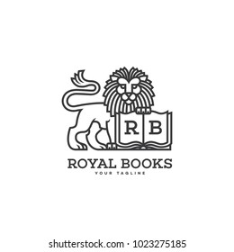 Lion with a book logo template design in linear style. Vector illustration.