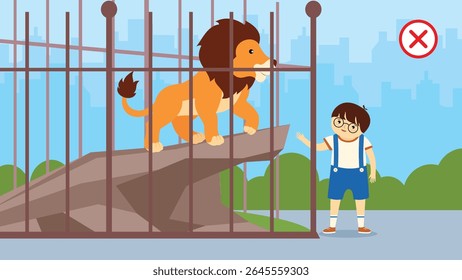 León y niño en la jaula. Ilustración vectorial en estilo plano
